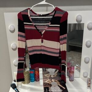 Almost Famous Striped V-Neck Blouse - Red, Black, Pink, Cream